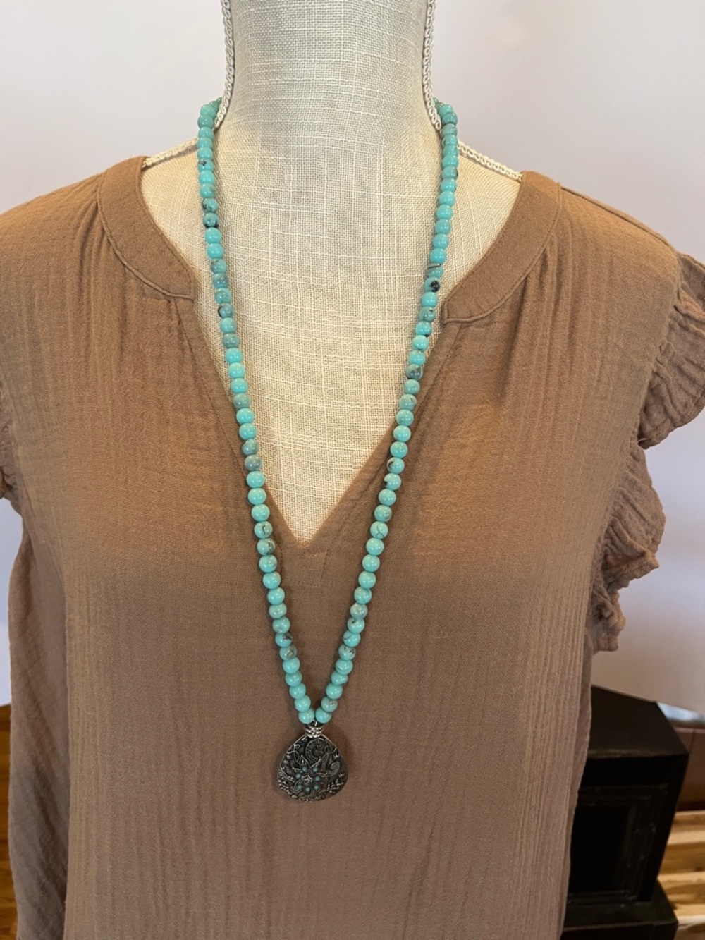 Turquoise Beaded Long Necklace with Silver-Tone Pendant